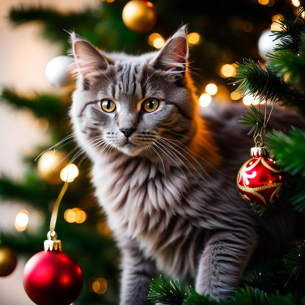Gray Cat's Christmas Tree Adventure: Professional Photograph...