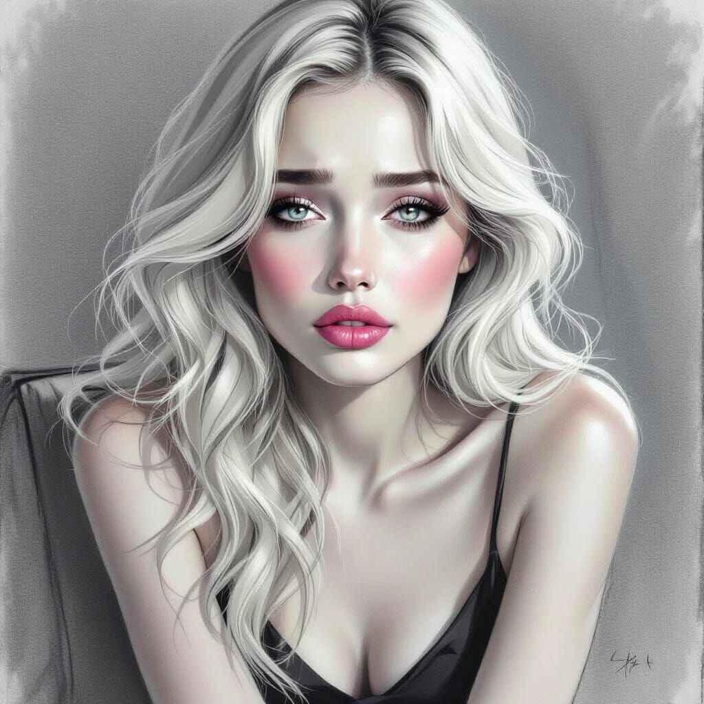 Elegant Pencil Sketch of a Sad Woman with Flowing Hair