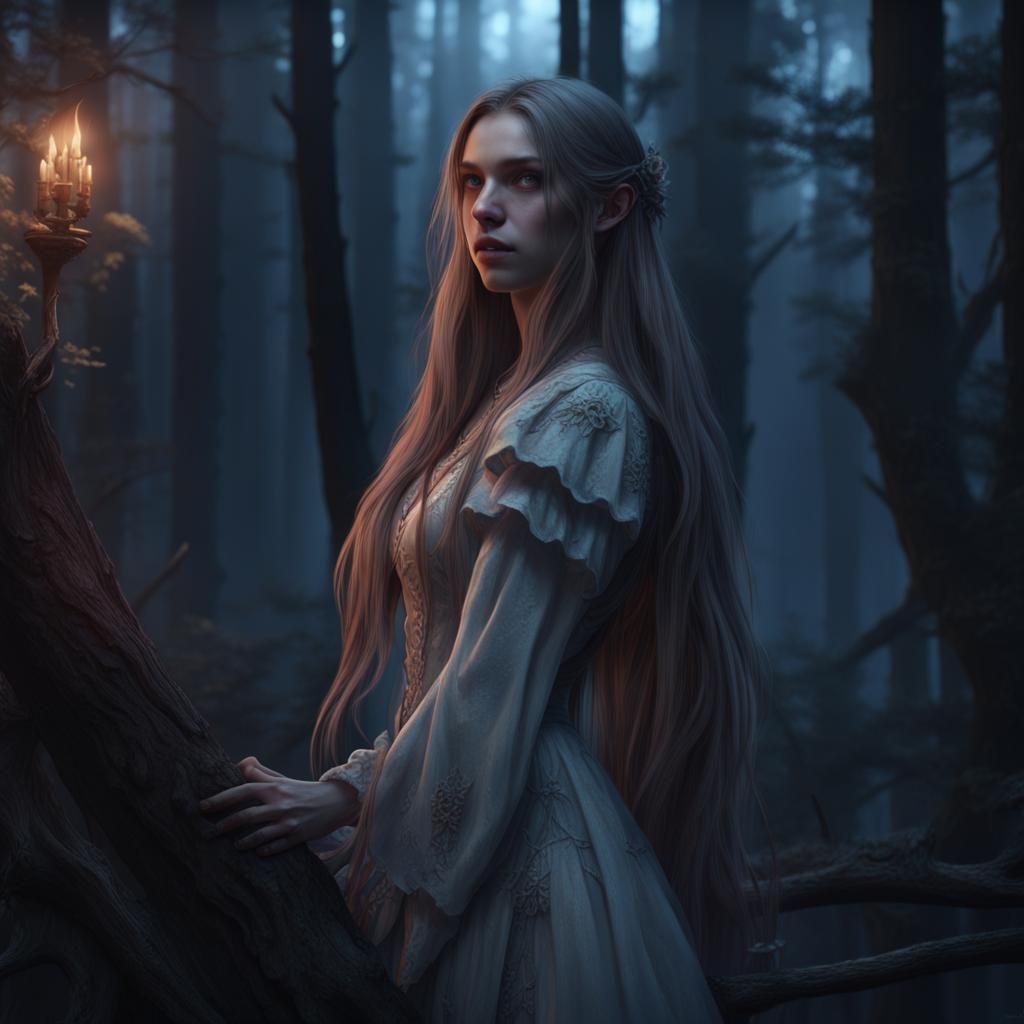 Pale Girl in Night Woods: Fantasy Concept Art