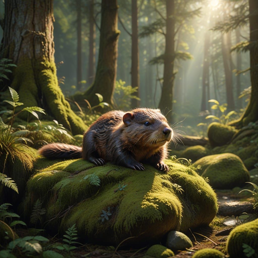 Baby Beaver Napping on Mossy Rock in Forest Clearing