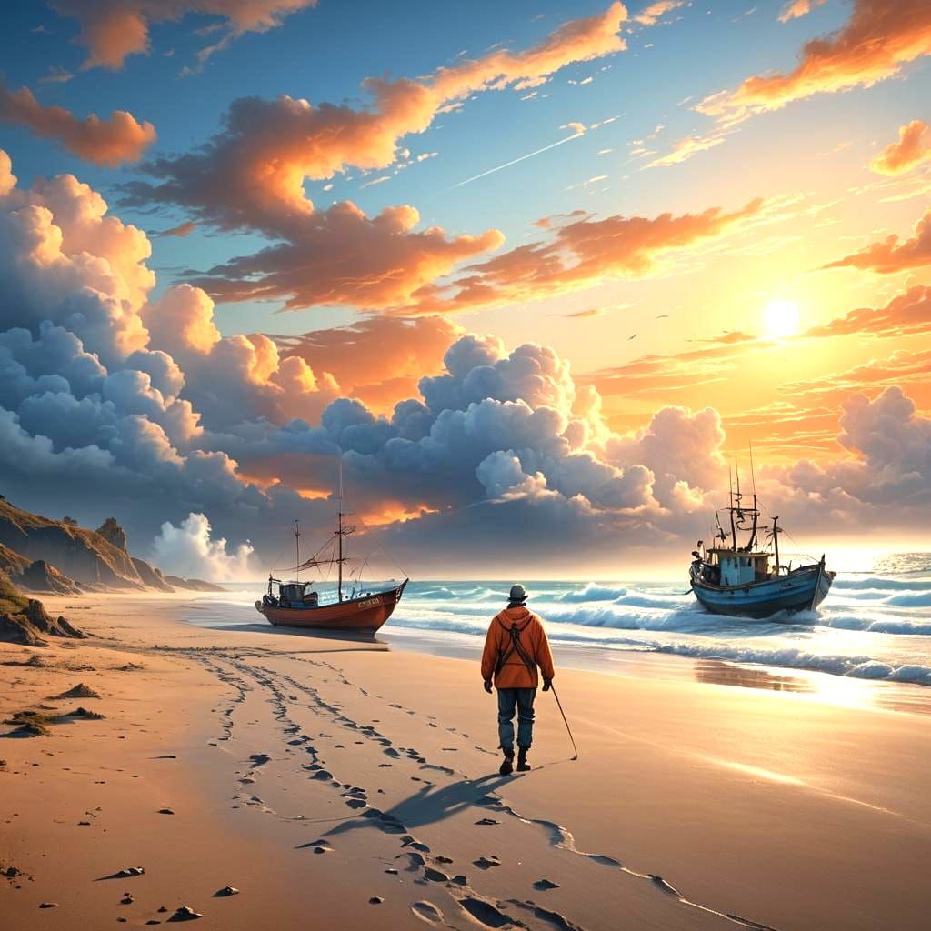 Picturesque Sunrise Over Calm Beach, Detailed Matte Painting