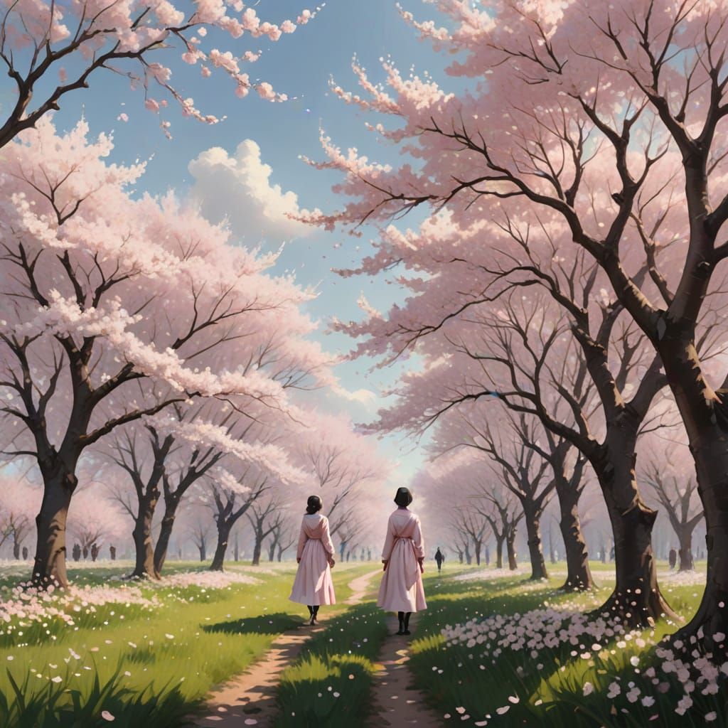 Solitary Figure Amidst Cherry Blossoms in Digital Painting