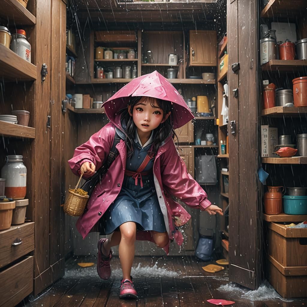 Korean Girl Hiding in Cupboard: Detailed Matte Painting