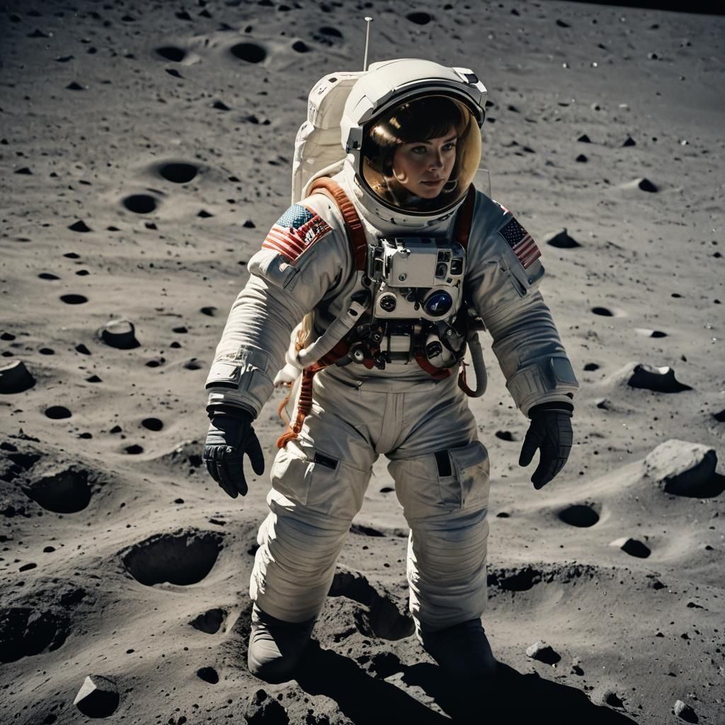 003 A beautiful female astronaut, wearing an apollo spacesuit on the moon.