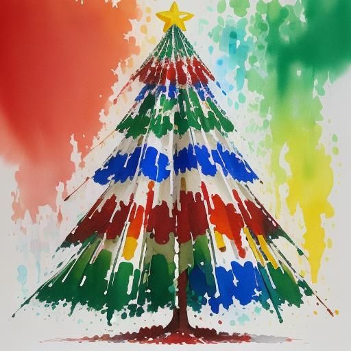 Kinetic Christmas Tree in Gouache Watercolor Style