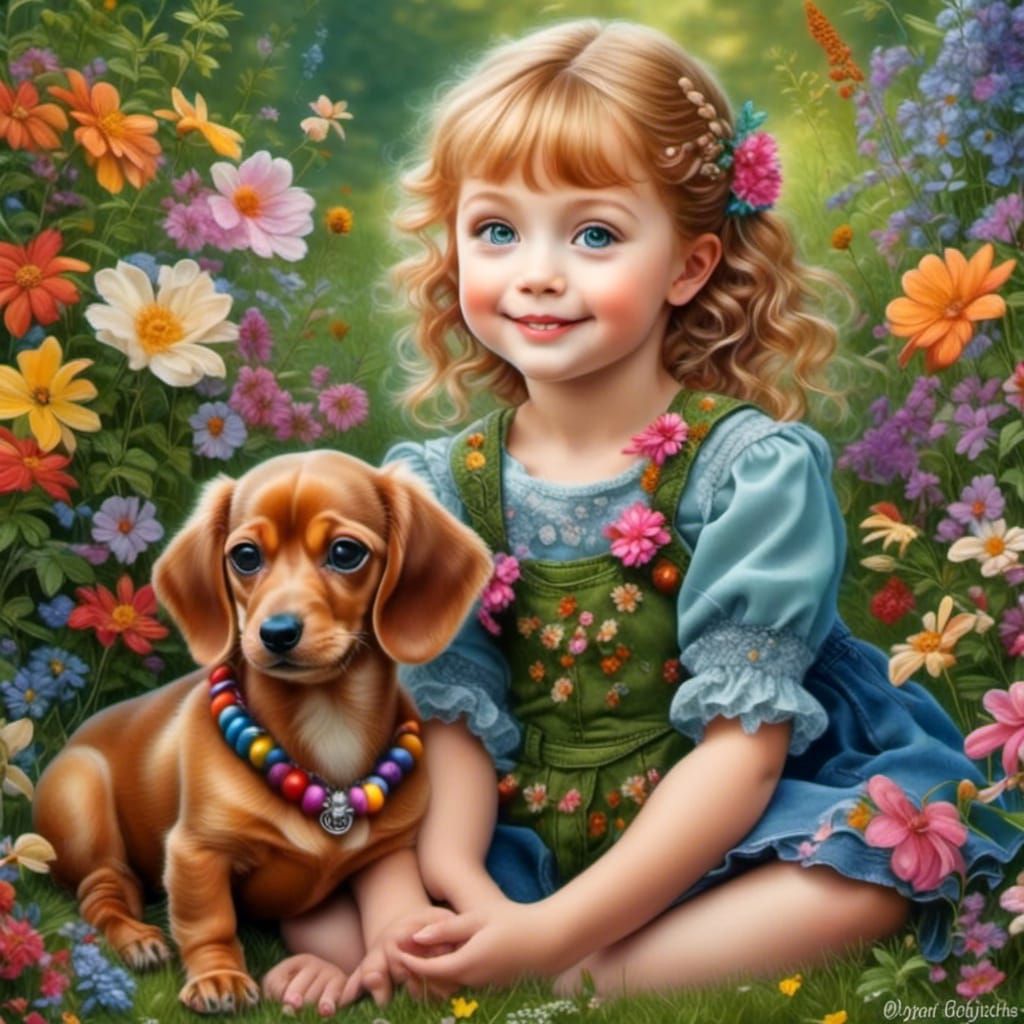 Girl and Dachshund Puppy in Garden, Hyperrealistic Painting