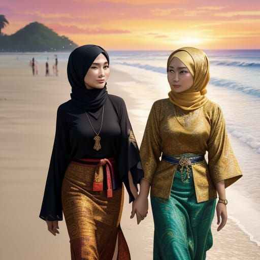 Indonesian Women in Traditional Dress on Bali Beach