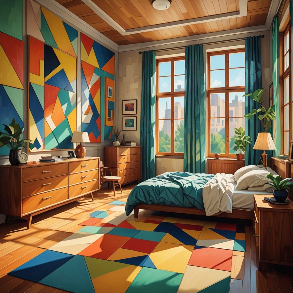Neo-Cubist Bedroom with Art Deco Geometry