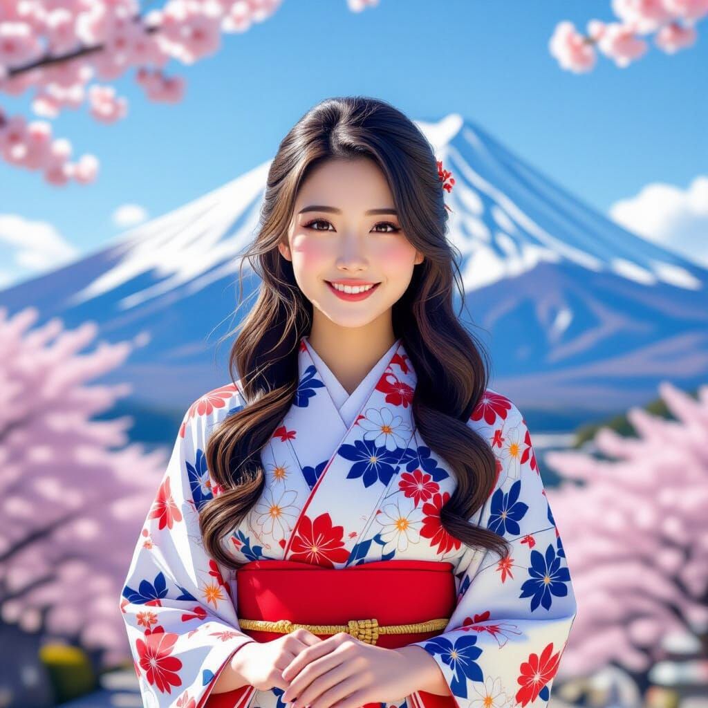 Japanese Woman in Kimono with Mount Fuji Backdrop
