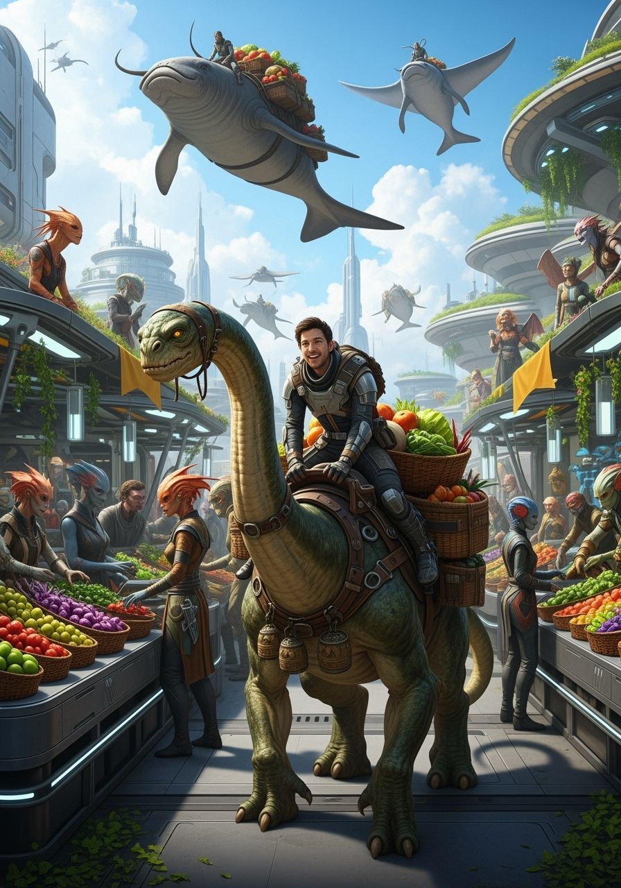 Futuristic City Marketplace with Alien Troll Rider