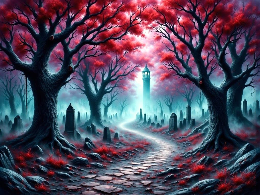 Ethereal Autumn Forest with Ruined Tower, Dreamlike Landscap...