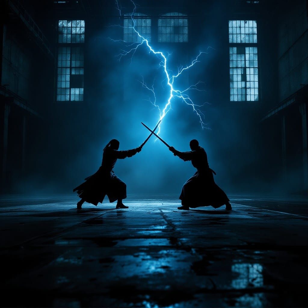 Dark Industrial Highlander Battle in a Mystical Factory