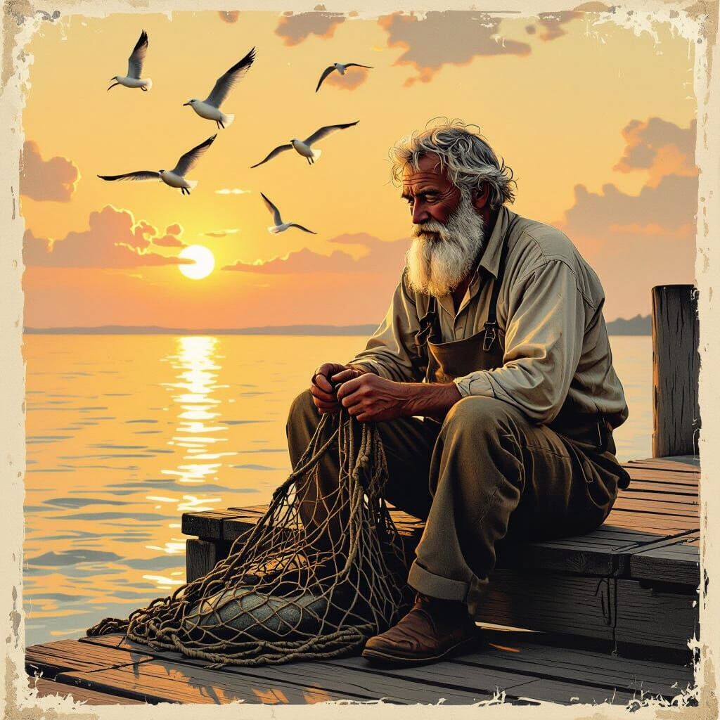 Old Fisherman Mending Nets at Sunset | Vintage Style