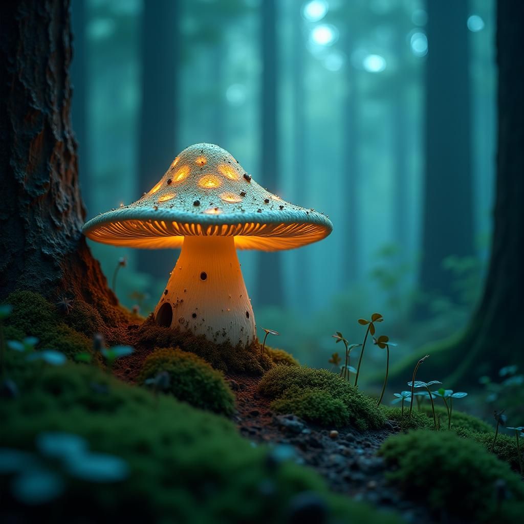 Enchanted Fairy Mushroom House in Bioluminescent Forest