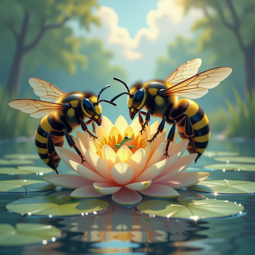 Giant Wasps Battle on Water Lily in Ethereal Light