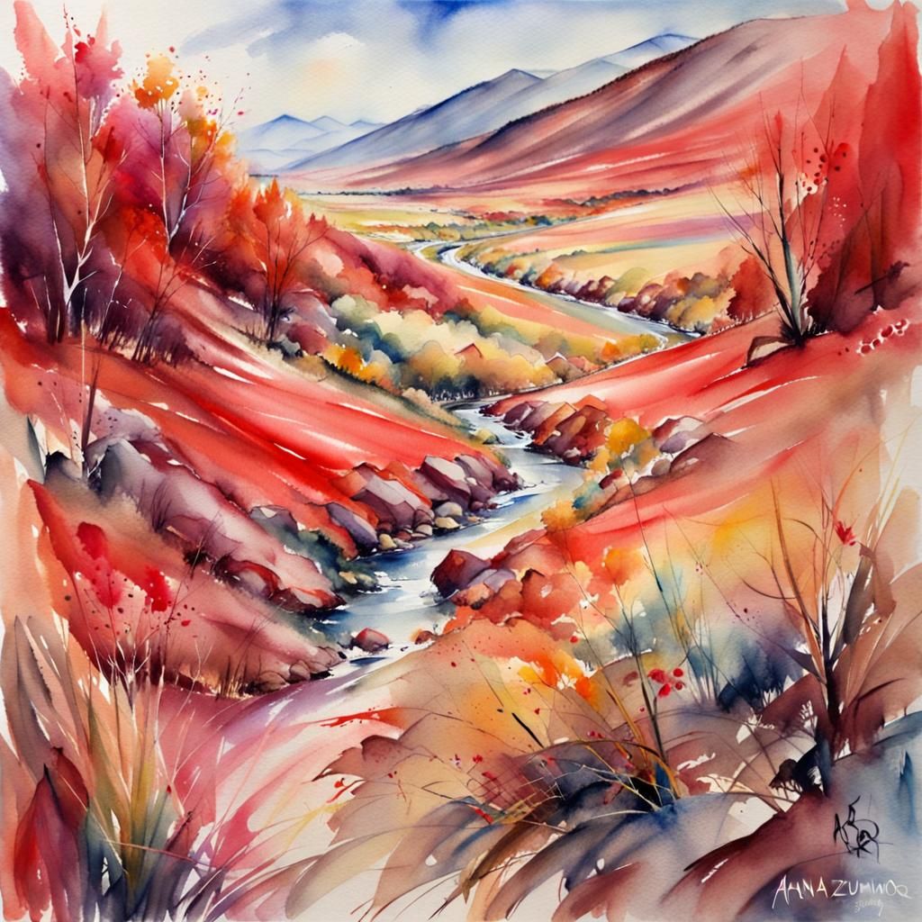 Lively Red Valley in Watercolour Style
