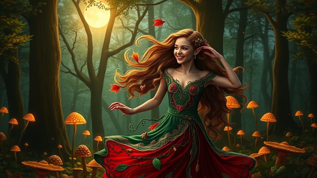 Whimsical Woodland Elf Girl in Emerald and Crimson Attire
