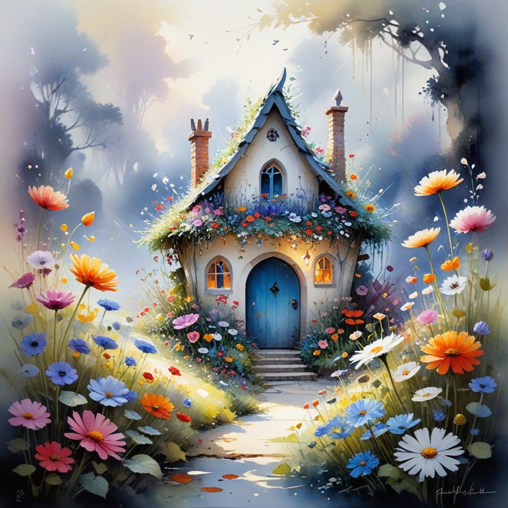 Pixie House Hidden Among Flowers in Watercolor Style