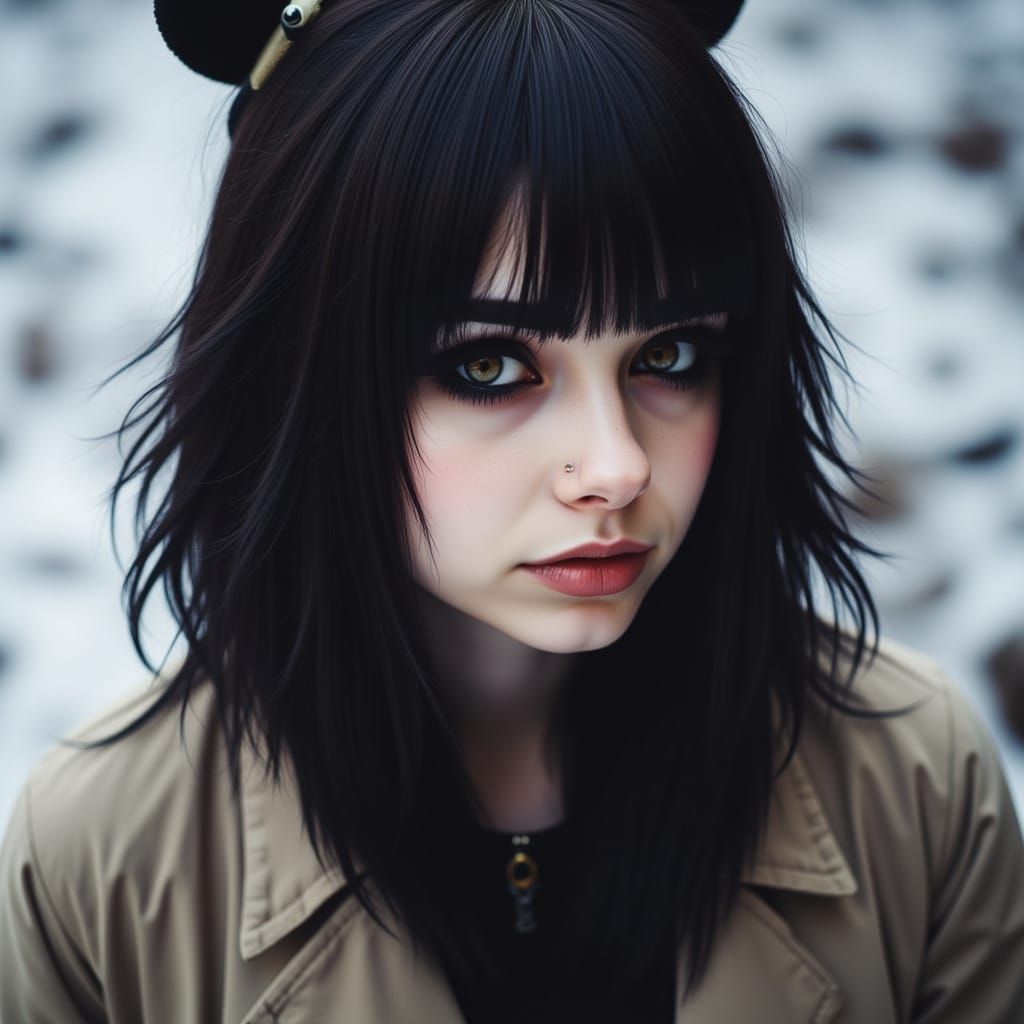 Emo Woman in Trench Coat with Unique Hairstyle