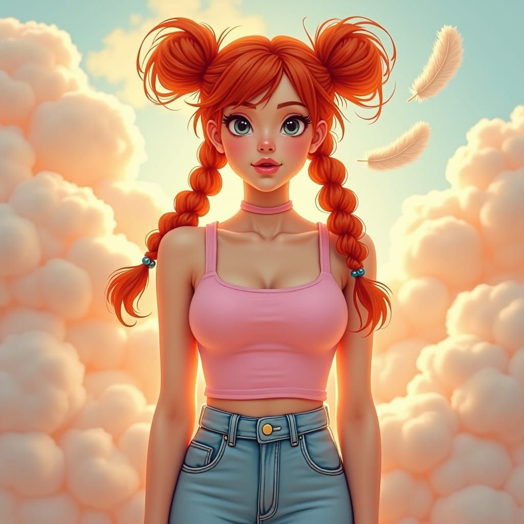 Red-Haired Woman with Pigtails in Whimsical Setting