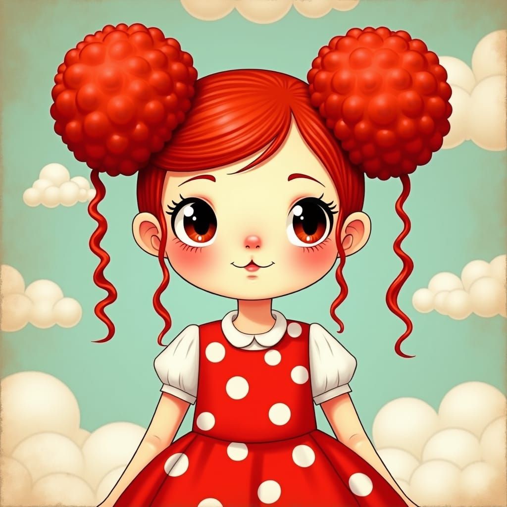 Red-Haired Woman in Polka Dots: Kawaii Manga Style