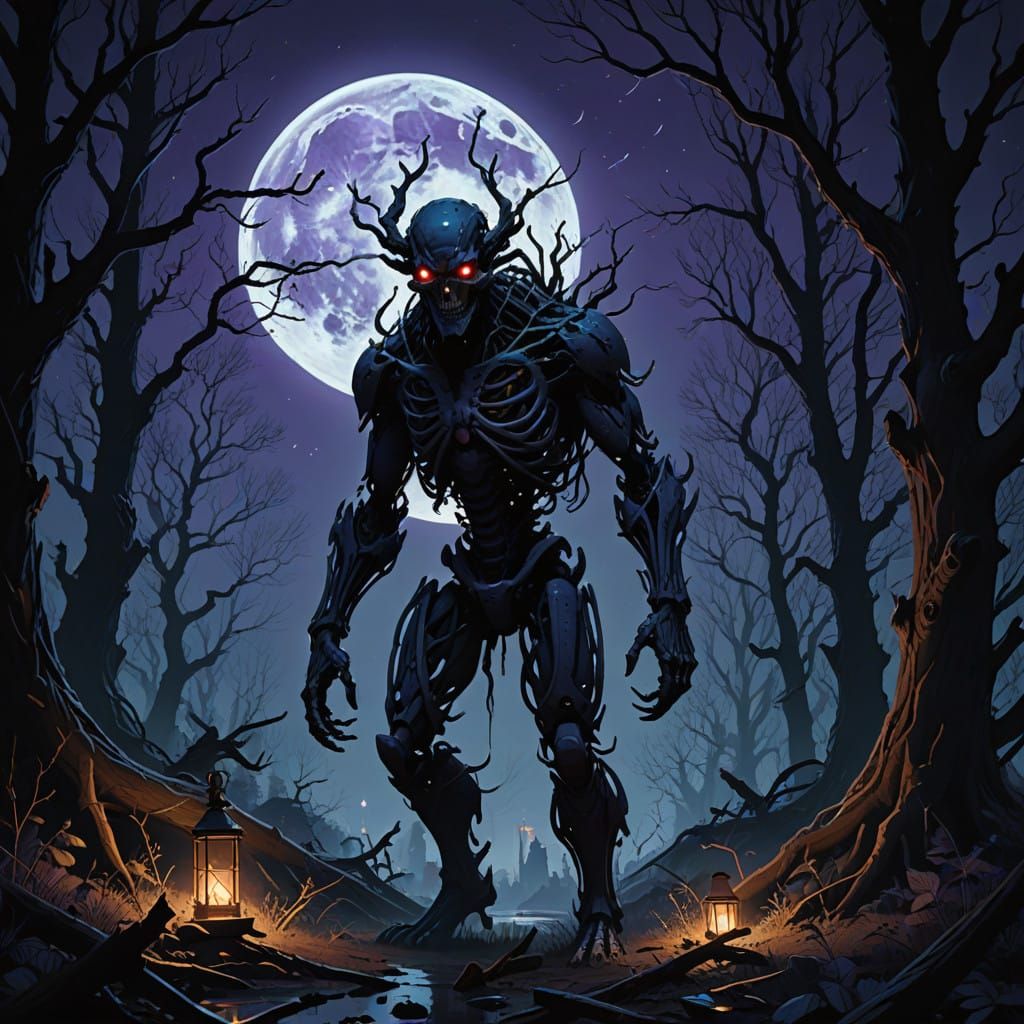 Dark Fantasy Creature Lurks in Shadowy Night Landscape