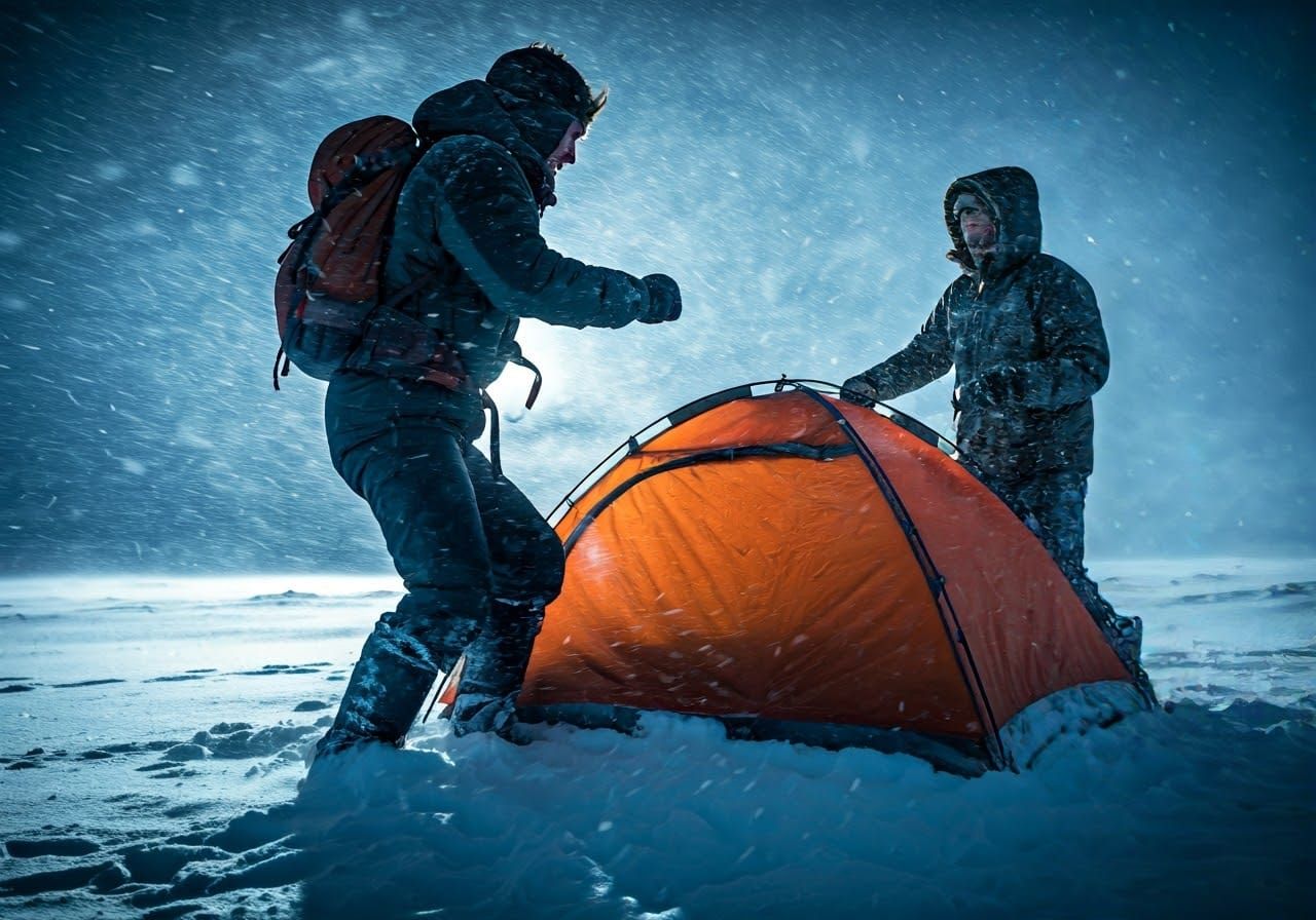 Weary Adventurers Battle Blizzards in Desolate Winter Landsc...