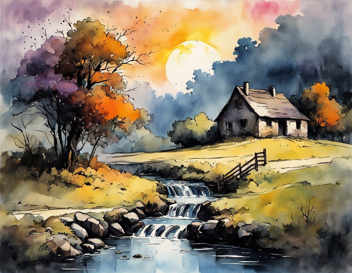 Enchanting Cottage in Magical Meadow: Watercolor Painting