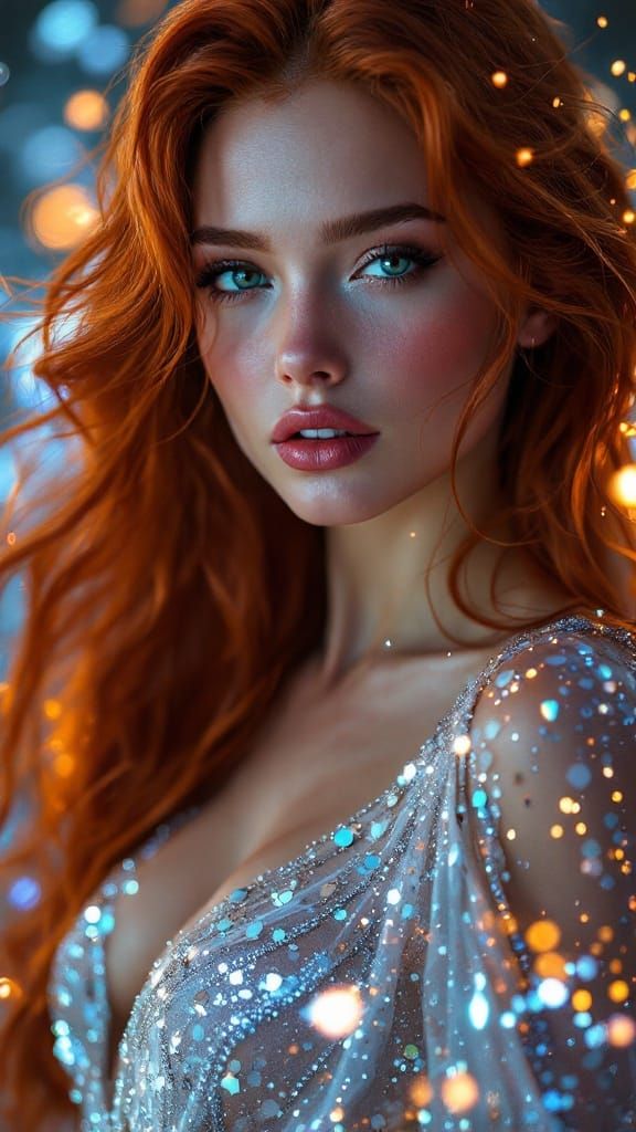 Glowing Red Haired Sci-Fi Goddess in Celestial Attire