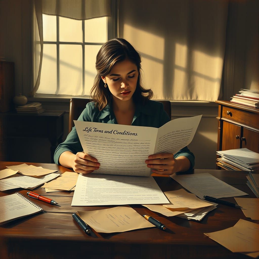 Woman Contemplates Life's Contract in Muted, Golden Light