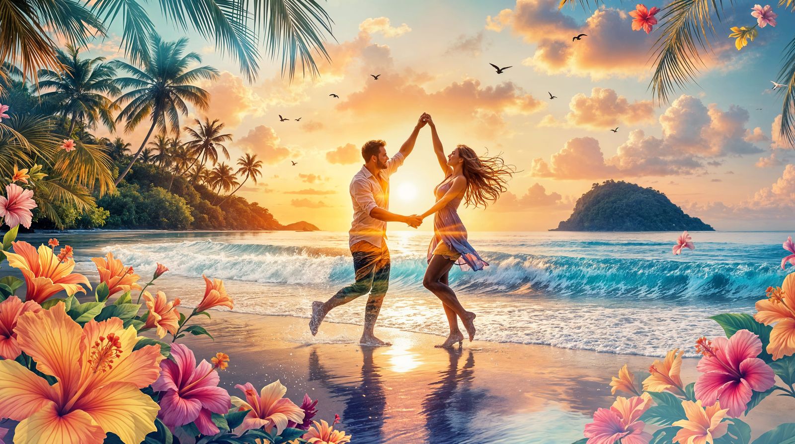 Tropical Sunset Dance, Double Exposed in Vibrant Digital Art