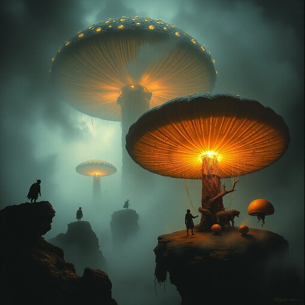 Bioluminescent Mushrooms on Floating Islands in Dark Fantasy