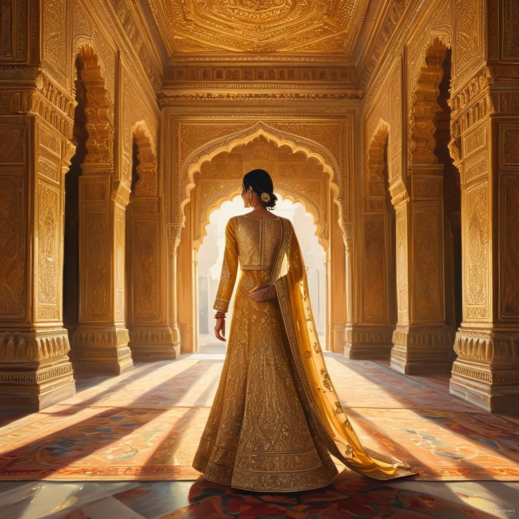 Indian Woman in Palace: Vibrant Oil Painting