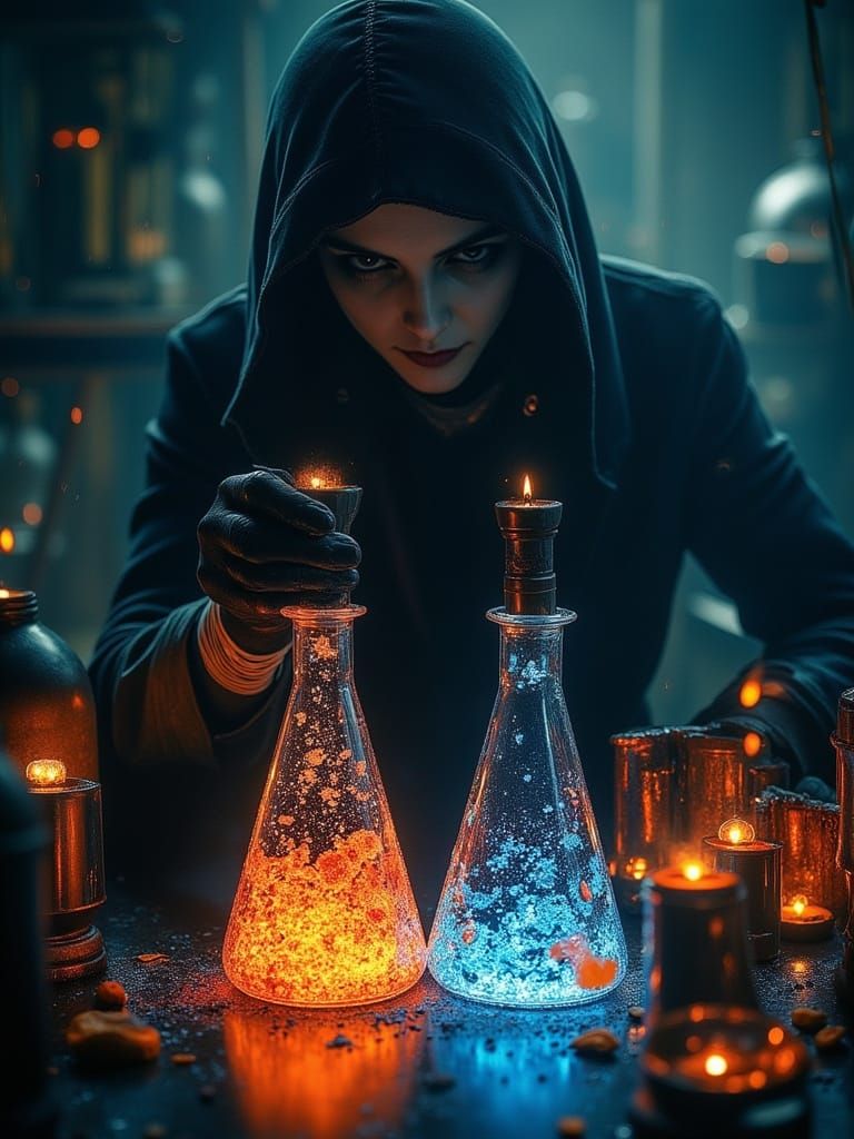 Mad Scientist Mixing Bubbling Potions in Atmospheric Lab