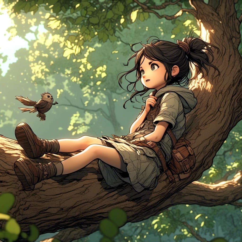 Cute 3D Cartoon Girl Sleeping on Tree Branch