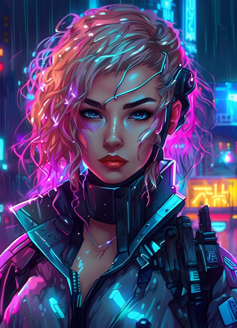 Cyberpunk Female Police in Rainy Tokyo Night