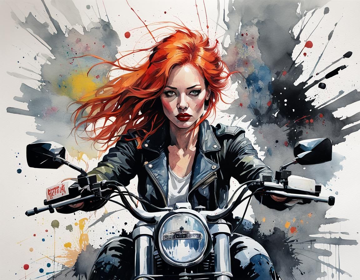 Redhead Girl on Motorcycle in Watercolor Style