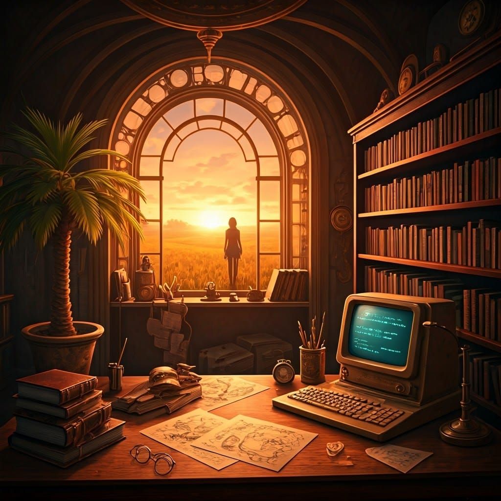 Cluttered Study with Desk and Meadow View