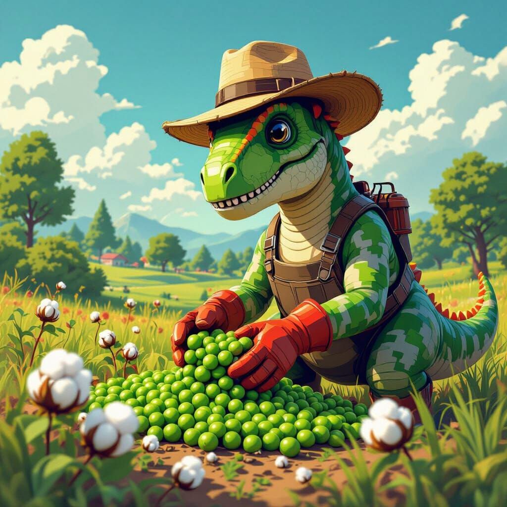 Dinosaur Farmer Harvesting Orbs in Pixelated Landscape