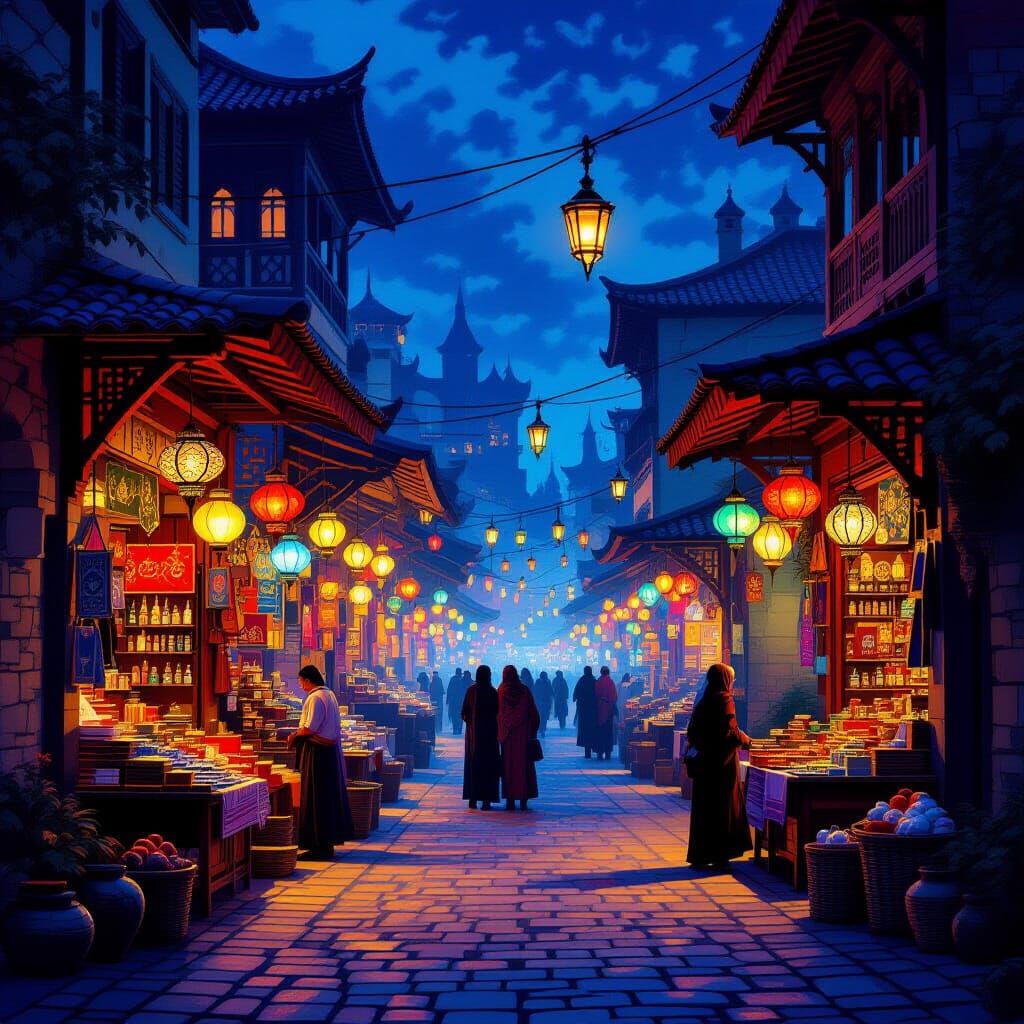 Bustling Night Bazaar Digital Painting