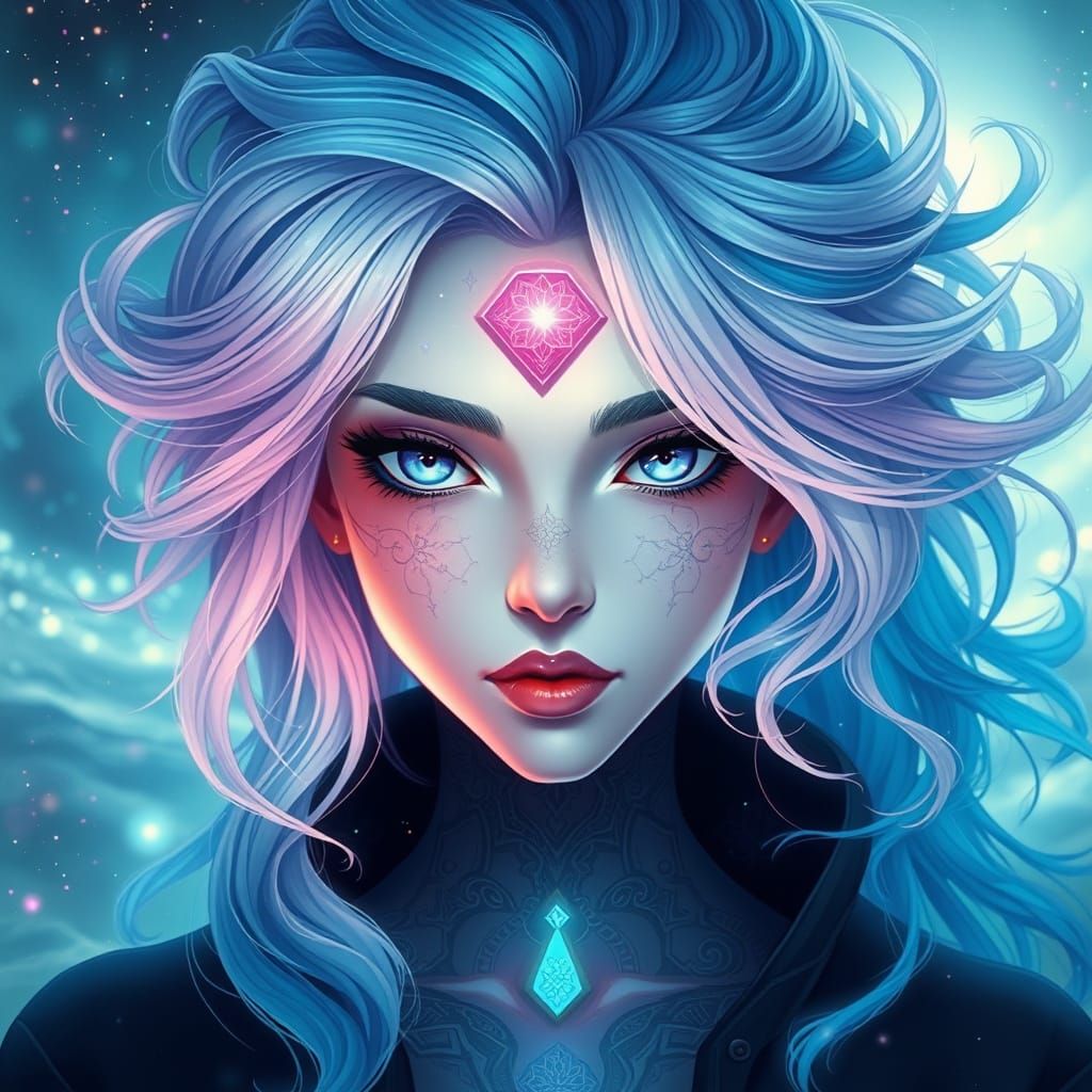 Ethereal Goddess with Glowing Aura and Gradient Hair