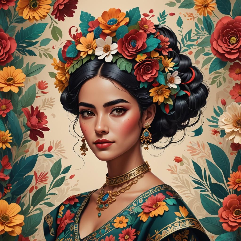 Elegant Mexican Woman in Paper Cut Style Illustration