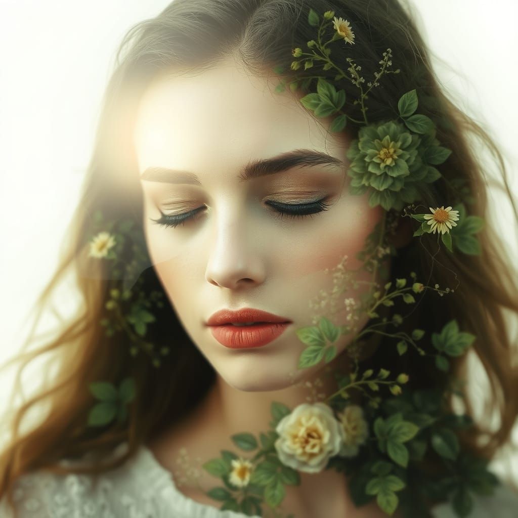 Double exposure woman and flowers