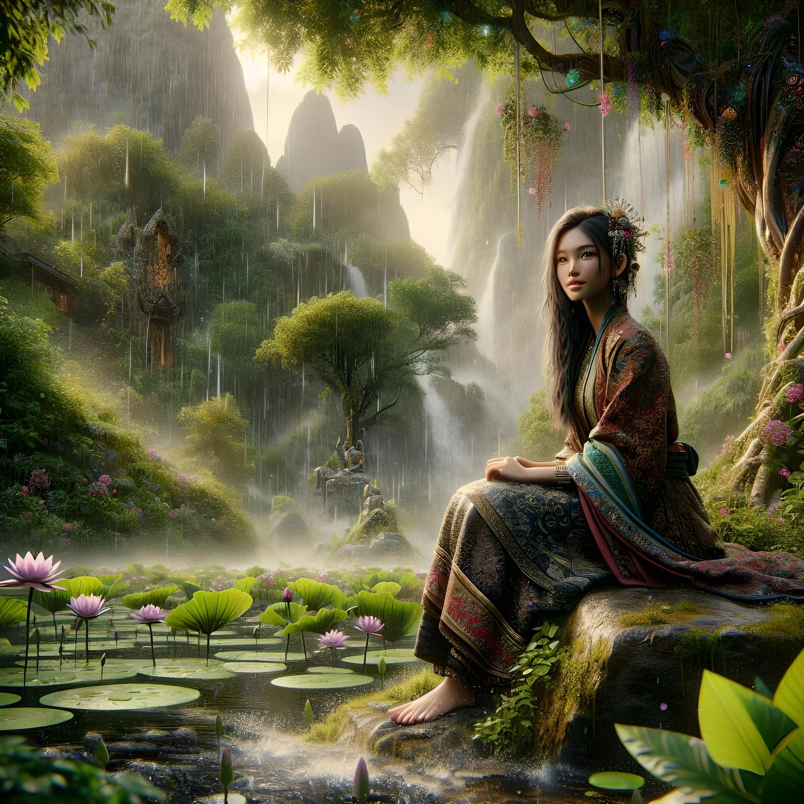 South Asian Girl in Rainy Lotus Garden, Maximalist Photo-Ill...