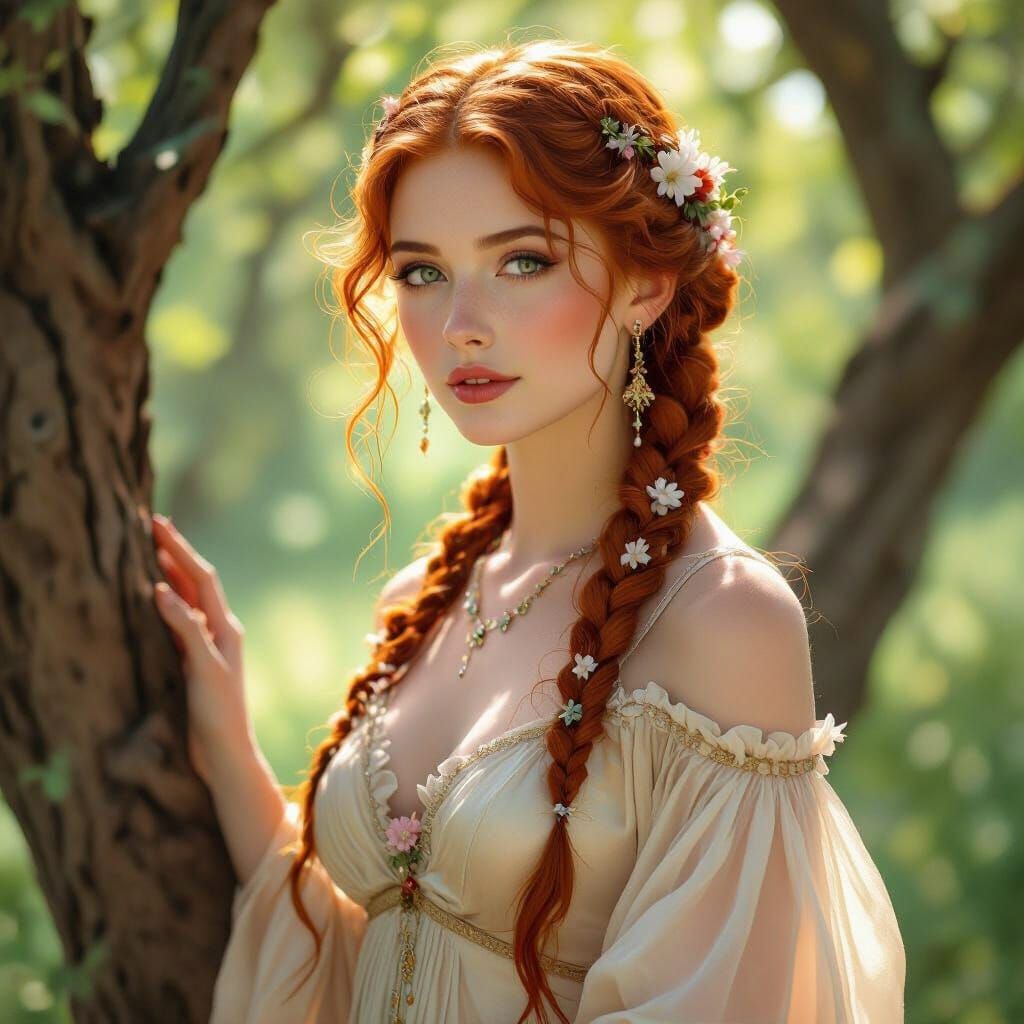 Pre-Raphaelite Woman with Red Hair and Flowers