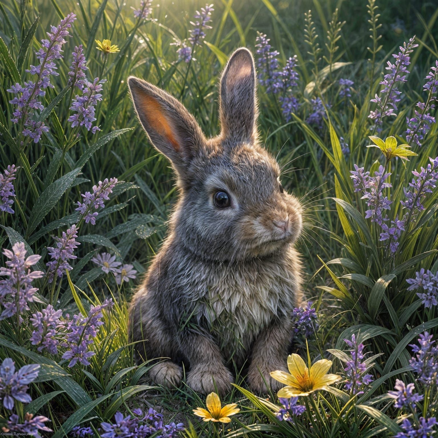 Cute Bunny in Dew-Kissed Grass: Dark Fantasy Art