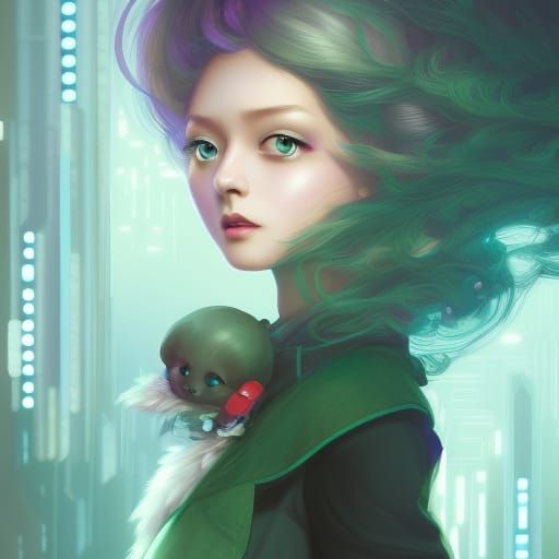 Cyberpunk Portrait of a Beautiful Woman with Green Eyes