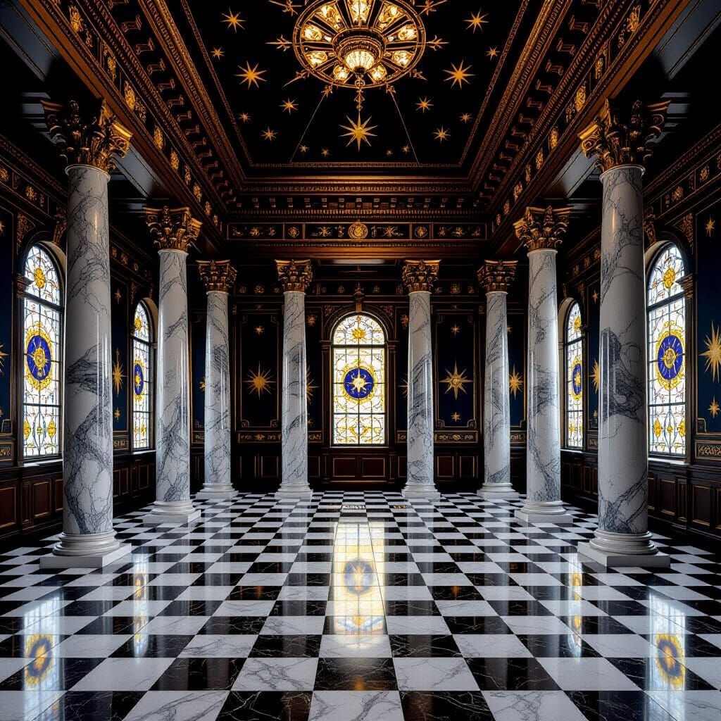 Masonic Temple Room With Greek Pillars And Astrological Wall...