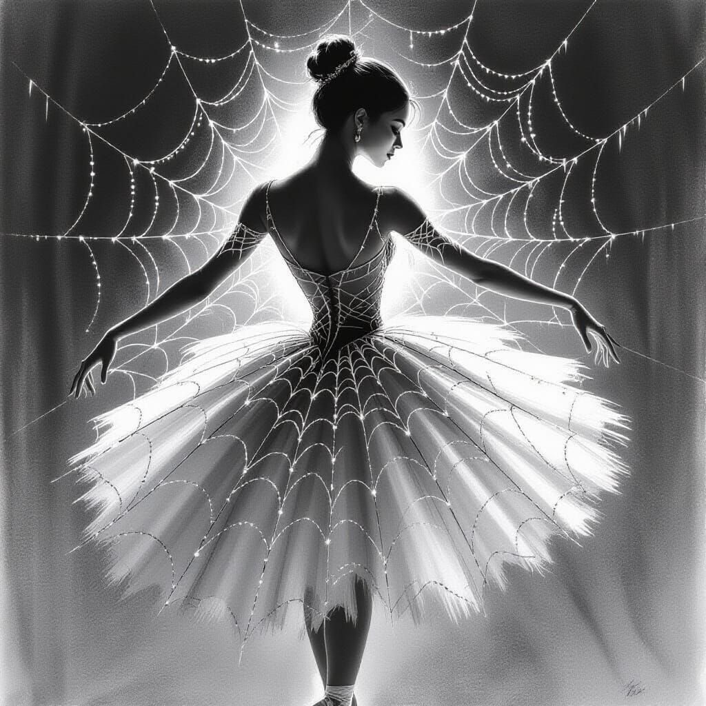 Ballerina in Spiderweb Dress, Charcoal Drawing