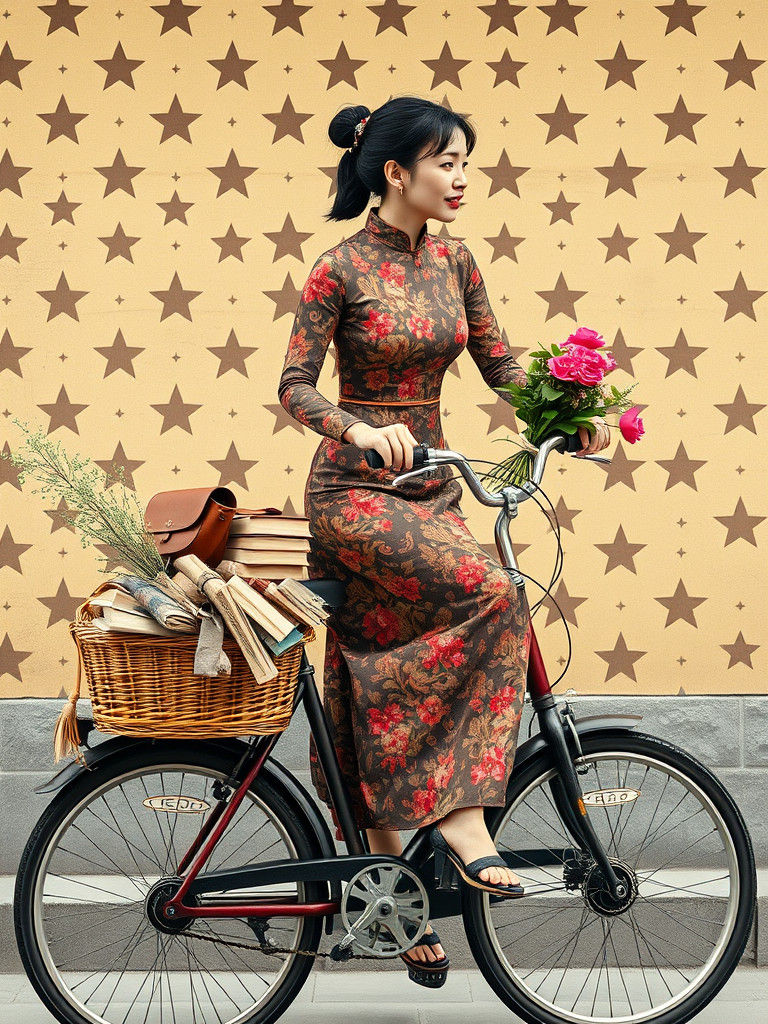 Chinese Woman on E-Bike in Pop Art Style